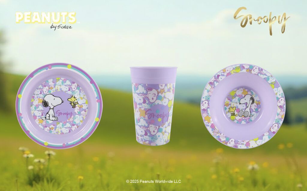 Still life of Snoopy products perfect for celebrating family outdoor excursions.