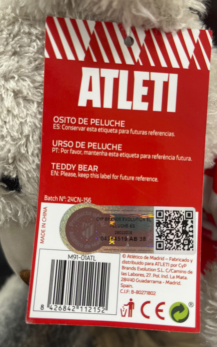 Atlético de Madrid Osito De Peluche 25cm Con Camiseta
