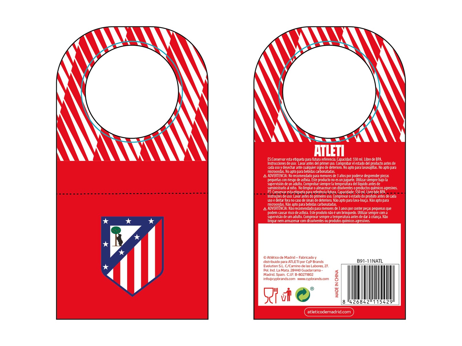 Atlético de Madrid Botella Personalizable de Acero 550ml Letra N