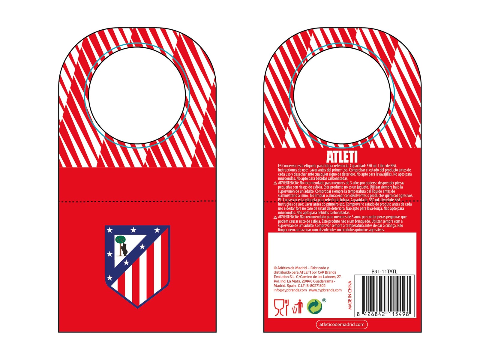 Atlético de Madrid Botella Personalizable de Acero 550ml Letra T
