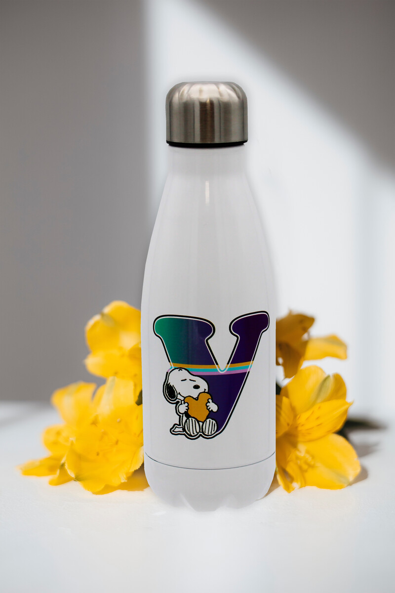 Snoopy Botella Personalizable Blanca de Acero 550ml Letra V