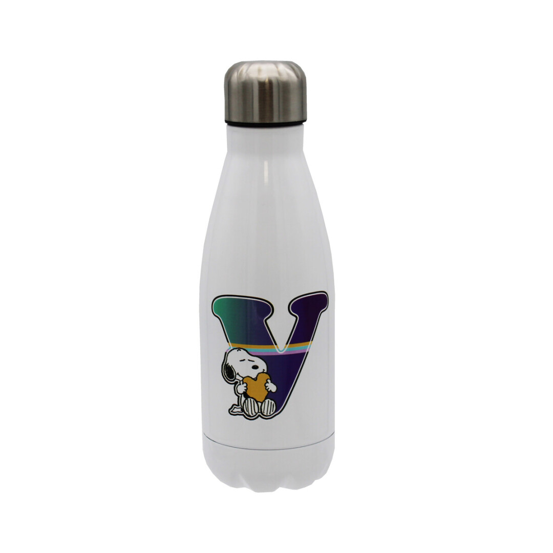 Snoopy Botella Personalizable Blanca de Acero 550ml Letra V