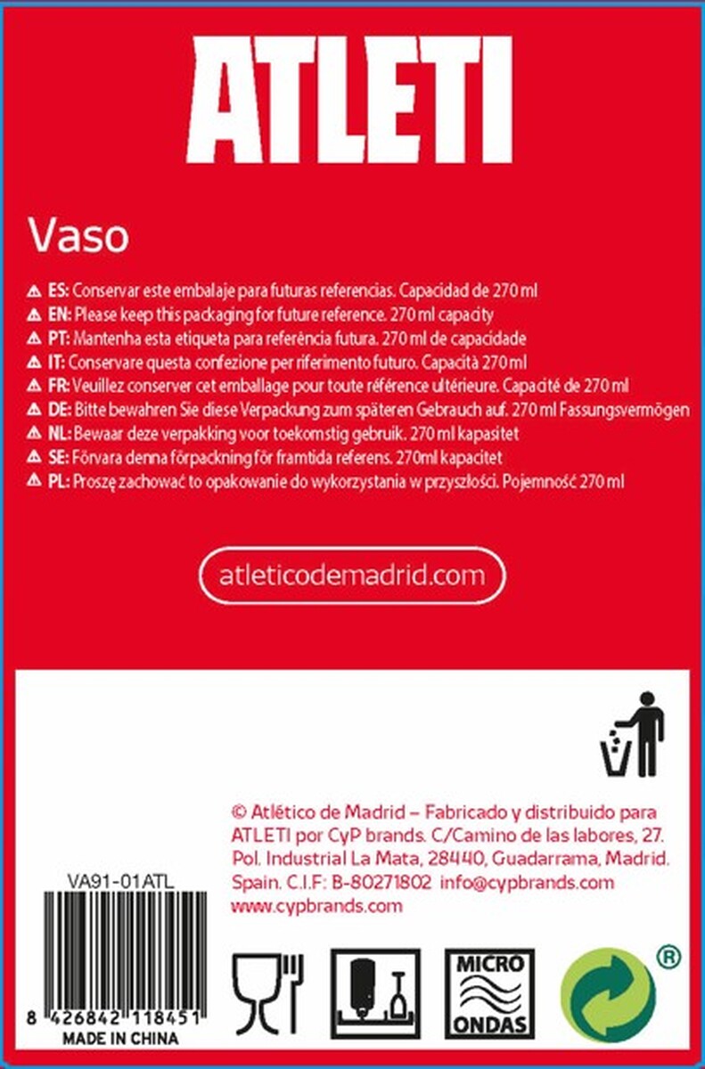 Atlético de Madrid Vaso Agua 270ml