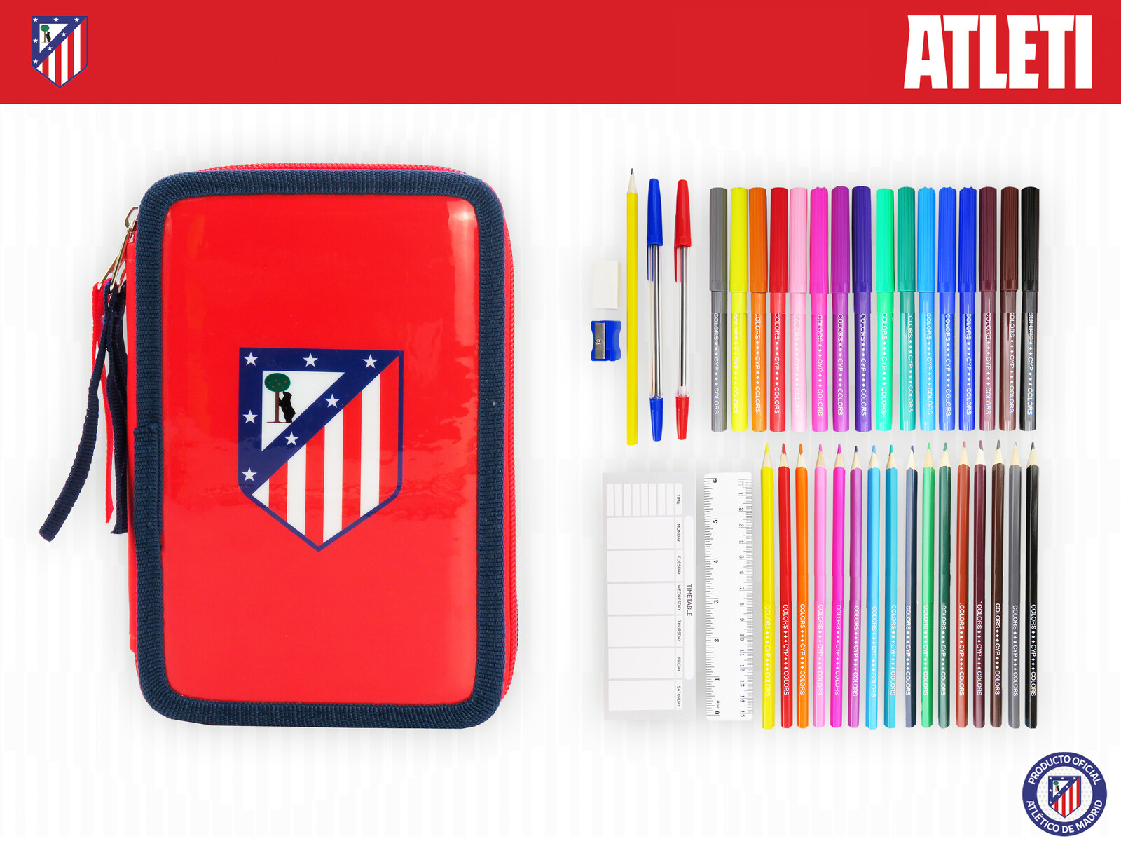 Atlético de Madrid Plumier 3 Pisos con Material Escolar