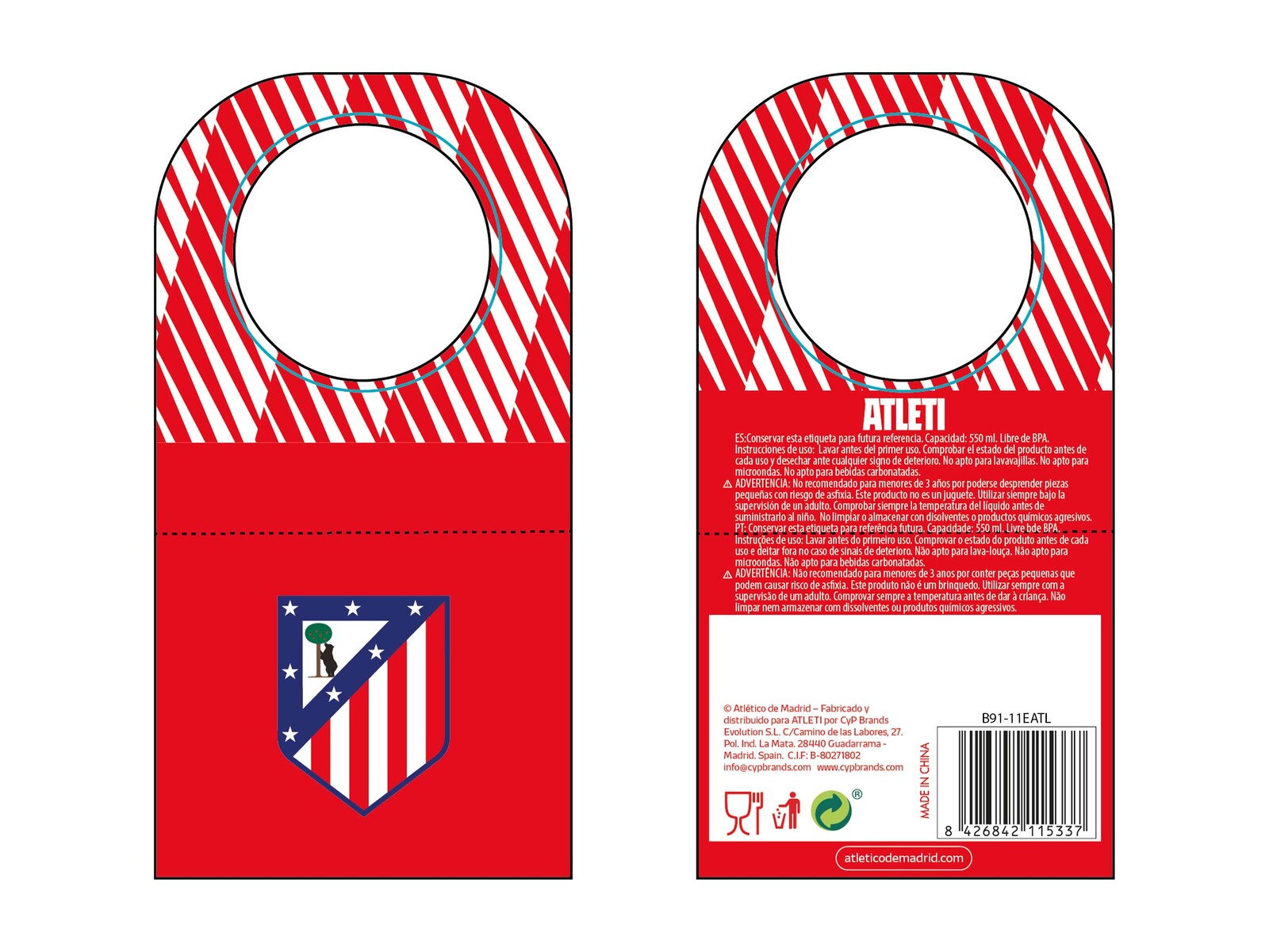 Atlético de Madrid Botella Personalizable de Acero 550ml Letra E